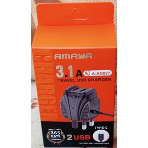 Amaya A-AD027 3.1A Dual USB Wall Charger with Type-C Cable – Android & Type-C Phone Power Adapter