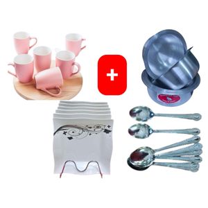 Sundabest  Beautiful Classic Pink Ceramic Coffee/Tea Mug / Cups 6pc Set + FREE 4PCS Stainless Aluminum Sufuria Set, 12pc Table Spoons & 6pc Melamine Dinner Plates