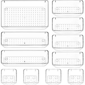 Puricon Pack of 11 Drawer Organiser System Plastic Makeup Organiser Non-Slip Drawers Organiser Plastic Storage Boxes for Bathroom Cosmetics Dressing Table Kitchen Office Pen Trays Transparent