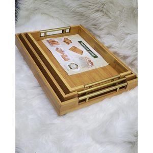 Bamboo Serving Tray Set with Gold Handles