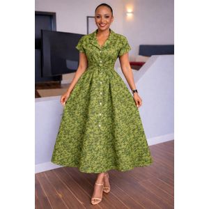 Elegant Green Button-Front Midi Dress with Belt