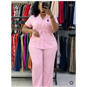 Linen Elegant Women's Two-Piece Set – Button-Up Drawstring Top & High-Waist Wide-Leg Pants (Casual Chic)