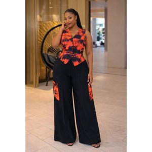 Stylish Women’s Two-Piece Set – Sleeveless Printed Top & Wide-Leg Pants