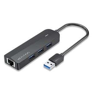 Vention 3-Port USB 3.0 Hub with LAN 0.15M, Black – High-Speed USB Expansion Hub with RJ45 Ethernet Adapter for Laptop, PC & Network Connectivity