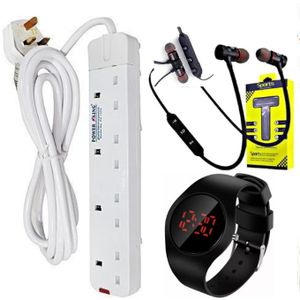Power King COMMERCIAL & HOME BEST 4-WAY POWER EXTENSION WITH LONG CABLE + FREE NECKBAND BLUETOOTH EARPHONES & WATCH LED