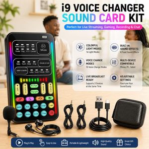 Portable I9 Voice Changer Sound Card Kit with Microphone, Earphones, Audio Cables and Storage Case, Compatible with Mobile Phone and Computer for Live Streaming, Gaming and Recording