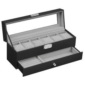 LASA LASA 6 Slot Watch Box Organizer 2 Layer with Glass Lid Black – Polyurethane Quality LASA Home & Office Product