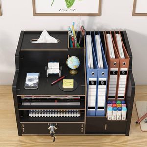 Bamboo Desk Organizer, Desktop Wood Bookshelf File Organizer, Pen Holder and Tissue Holder, 1 Drawer with lock for Office, Home