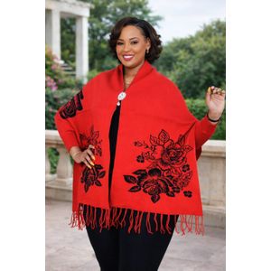 Red Alexxi Warm Elegant Soft fabric with beautiful floral designs Poncho Shawls with sleeves.