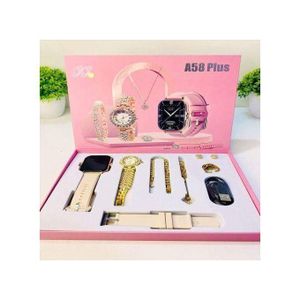 A58 Plus Luxury 6-in-1 Gift Set for Her: 2.02" Smartwatch, Quartz Watch, and Elegant Jewelry Collection