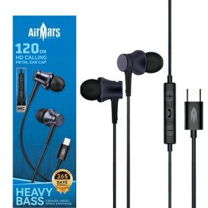 AirMars AWE07 120cm Type-C Wired Earphones Heavy Bass Headphones with Volume Control Mic for Phones Tablets