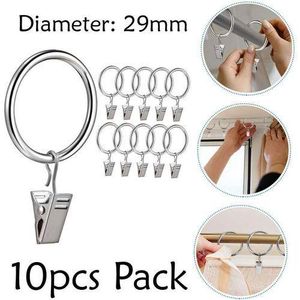 10pcs Curtain Rings Hooks with Clips (Ø29mm) Silver Inner Diameter Shower Hanging Ring, Heavy Duty Stainless Steel Metal Clip Drapery Rustproof Decor Bedroom, Living Room, Hotel, Bathroom, Restaurant