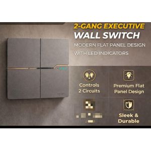 2-Gang Executive Wall Switch – Modern Flat Panel Design with LED Indicator