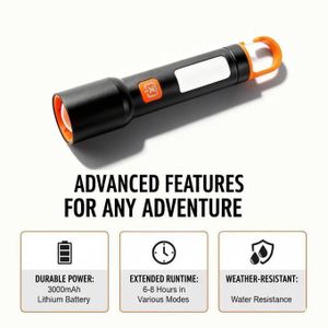 1000 Lumens Durable Rechargeable LED Torch – Zoomable Tactical Flashlight, Waterproof Aluminum Alloy, Type-C Fast Charging, Long Range