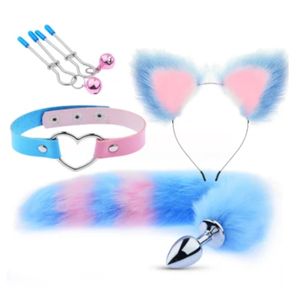 Pastel Pink & Blue Cat Ear Costume Accessory Set with Tail and Collar