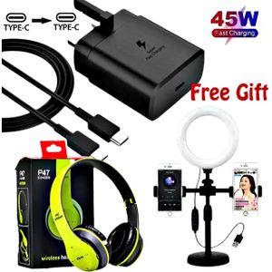 Samsung Smartphone 45W FAST CHARGER With Type C Cable // Green P47 Headphone // Adjustable Ring Light 