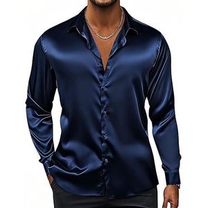 Men's Navy Blue Silk Button Down Shirt