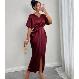 Elegant Satin V-Neck Waist Pleated Slit Maxi Dress –Maroon