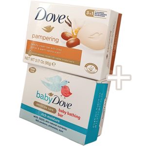 Dove Pampering BEAUTY CREAM BAR With Shea Butter Warm Vanilla Scent + BABY BATHING BAR Sensitive Care Rich Moisture cf