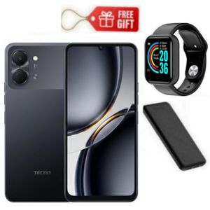 Tecno Pop 20 6.75'' 120Hz Display, 64GB ROM +4GB RAM  13MP AI Camera, 5000mAh , Black + Smart Watch & Power Bank 