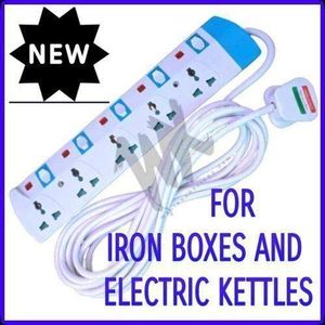 Power King  King power extension that support smart TV, FRIDGE , WASHING MACHINE // Spike Free & Surge Protector Iron Box And Electric Kettle Support 5 Way Power Extension (Fused)-White/ Blue.