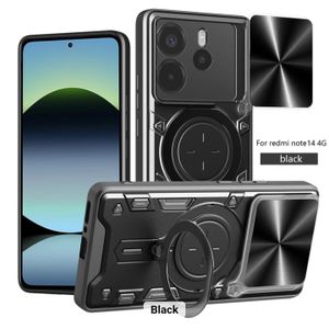 Military-Grade Rotating Ring Stand Case for Redmi Note 14 4G 163.2mm – Shockproof Dual-Layer Cover with Sliding Camera Protector (Black)