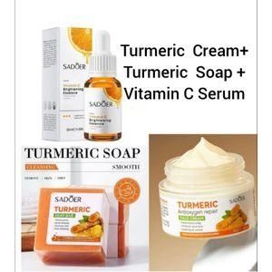 SADOER 3 PCS The Glow Set Kit Turmeric Cream,Tumeric Soap and Vitamin C Brightening Serum