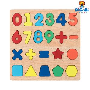 Digabi Numbers and Shapes Puzzle for Toddlers 3+, Wooden Learning Puzzle with Number & Shape Blocks & Board, Montessori Toy for Boys & Girls, Early Learning STEM Gift