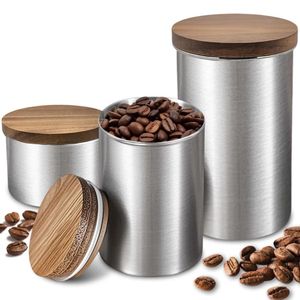 Metal Coffee, Tea & Sugar Jar Set – Bamboo Lid Storage Containers (Compact & Easy to Clean)
