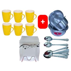 Sundabest  Beautiful Classic Yellow Ceramic Coffee/Tea Mug / Cups 6pc Set + FREE 4PCS Stainless Aluminum Sufuria Set, 12pc Table Spoons & 6pc Melamine Dinner Plates