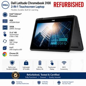 DELL  Refurbished D ELLChromebook 3100 X360 11.6-Inch HD Touchscreen Chromebook, Intel® Celeron® Processor, 4GB RAM, 32GB eMMC Storage, ChromeOS, Rugged Education & Everyday Laptop