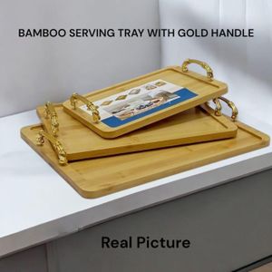 Bamboo Serving Tray Set – 3 Pieces with Gold Handles, Durable, Elegant, Multi-Purpose for Serving & Decor