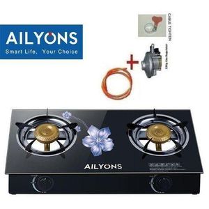 AILYONS  Infrared Auto Ignition Tampered Glass Gas Stove Cooker Two Burner- Saves Gas Consumption Plus Free Reg , Pipe, Tightener