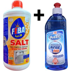 Feba 1.5kg ANTI-LIMESCALE SALT CRYSTALS + DUZZIT 375ml DISHWASHER RINSE AID. Fast Drying Technology, Clear Glass Protection 
