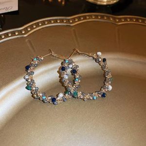 Gold-Plated Hoop Earrings with Mixed Crystal & Pearl - Boho Style Beaded Big Hoop Earrings for Women