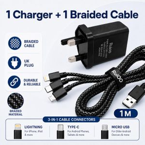 Ruioo 2.1A Fast Charging Charger Adapter with 3-in-1 USB Cable
