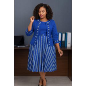 Blue Keepi  Bosslady Women's Official Solid color Mid Dress + Coat Set 