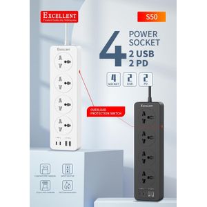 EXCELLENT S50 Power Extension Socket – 4 Universal Outlets + USB Charging