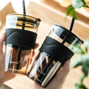 450ml Thick Wall Glass Cup With Lid and Straw Coffee Mug Drinking Glass Cup Bottle Heat Resistant Milk Juice Cup Travel Sealed Non Slip Straw Mug