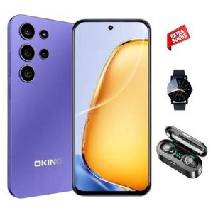 Oking Ok S25 ultra 64gb ROM + 5GB (2+3GB) extended RAM, 13MP+8MP ultra camera, 5000mAh real battery 6.67" Inch Display HD, + in cell punch hole screen, Android phone with side mounted fingerprint (Web Watch+F9 Buds)  - Purple