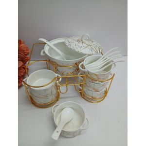 15PCS Ceramic Soup Set – White with Gold Marble Design