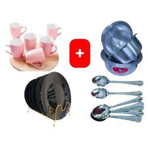 Sundabest Pink Beautiful  Ceramic Coffee/Tea Mug / Cups 6pc Set + FREE 4PCS Stainless Aluminum Sufuria Set, 12pc Table Spoons & 6pc Ceramic Dinner Plates