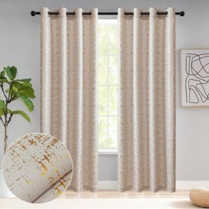 3pcs Set Gold Foil Printed Luxurious Curtains (1.5 Mtrs Each+1.5 Mtrs Each+Sheers: White :3 Mtrs)