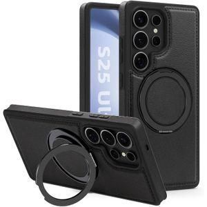 Leather MagSafe Case - Magnetic Ring Holder Kickstand Slim Protective Cover for Samsung Galaxy S25 Plus Black