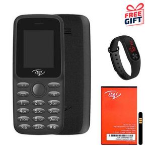 Itel 2163 1.8" Display, Kabambe 1000mAh Bright Torch FM Radio, Dual SIM - Black with free gifts(battery and bracelet)