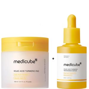 Medicube Kojic Acid Turmeric Niacinamide Capsule Serum + Kojic Acid Turmeric Pad with Glycolic acid(70 Pads). Moisturizes, Removes Dark Spots, Hyperpigmentation, Acne Scars, Blemishes, Dead Cells, Glows, Brightens the skin, Soothes Irritation, Evens & Clarifies