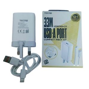 Tecno 33W Fast Phone Charger with Type-C Cable High-Speed USB-A Charging Adapter.