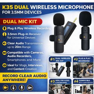 2-in-1 Wireless Lavalier Dual Mic with 3.5mm Receiver – Clear Audio for Vlogging, Podcast & YouTube – Compatible with Smartphones & Laptops