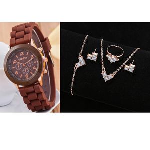 Women's Brown Geneva Watch & Rose Gold Square  Jewelry Set