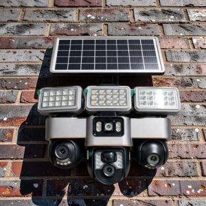 Rotating Night Vision Activated 12MP 4G PTZ Multiple Lens screens Solar Camera with Solar Flood Light